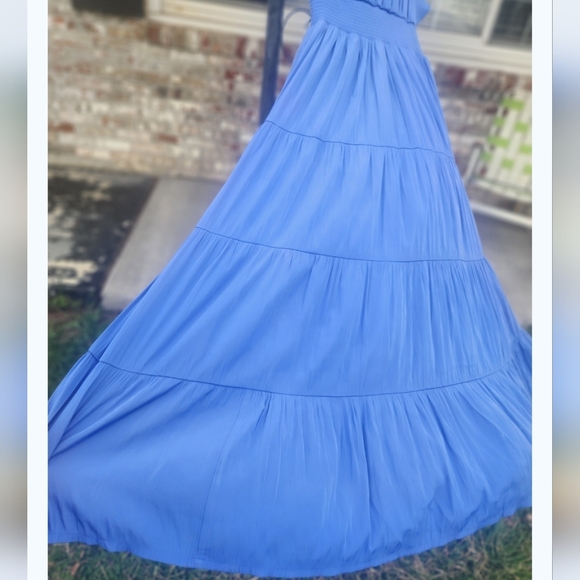 Chicos PETITE Flutter SLEEVE Tiered Elegant Blue Maxi Dress SZ 000 size Xs - Picture 3 of 8